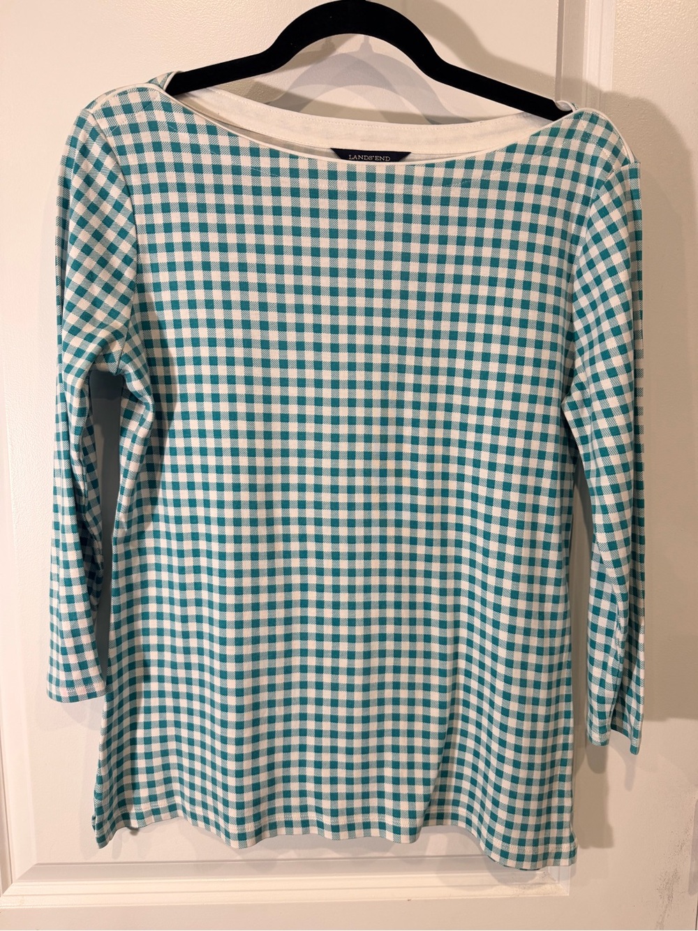 Lands' End Teal and White Gingham Long Sleeve Top